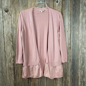 Loft XS Pink Satin Hem Ruffle Open Cardigan Sweater Cottage Coquette Whimsy